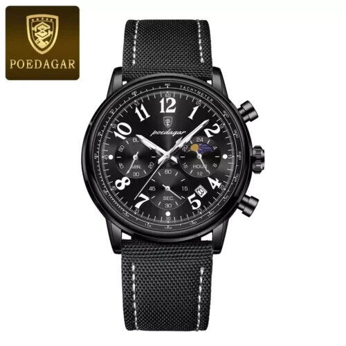 POEDAGAR Men’s 41mm Chronograph Swiss Quartz Wristwatch Date Watch Black/Black