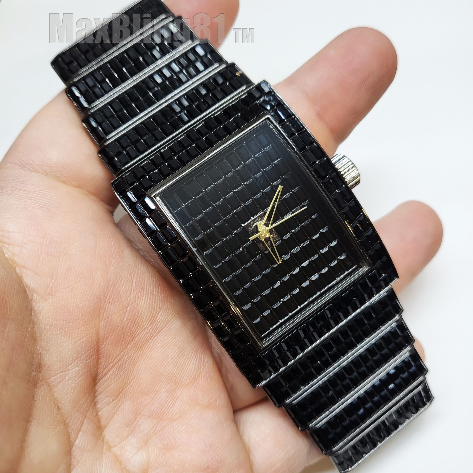 Men’s Watch Luxury Iced Black Baguette Full Stone Square Bracelet Metal Band