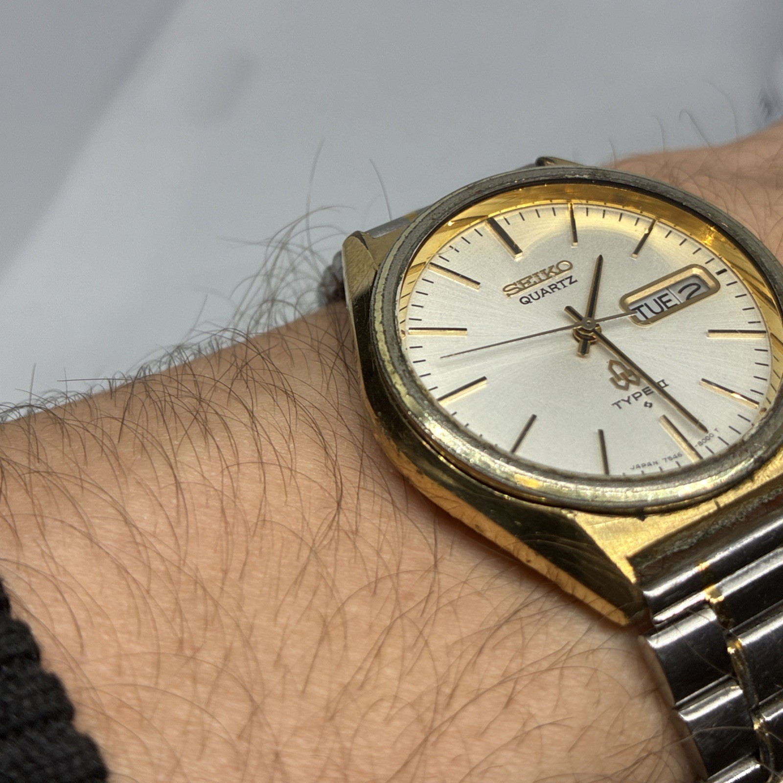 Seiko Type II Watch Men 35mm Silver Dial Gold Tone Daydate 7546-8000 Running!