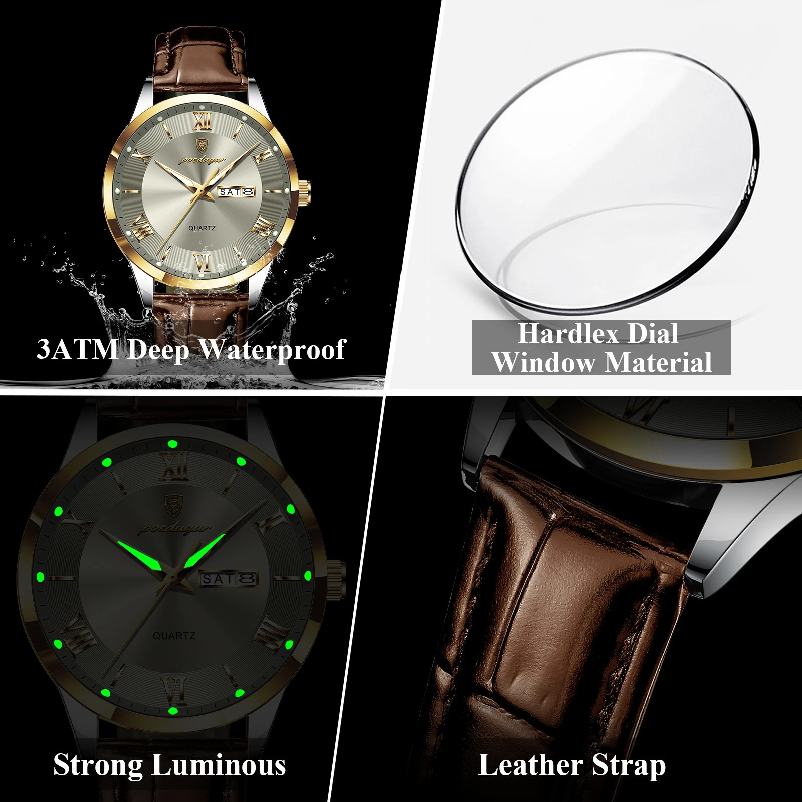 Men’s Leather Quartz Watch Waterproof Luminous Date Week Business Original