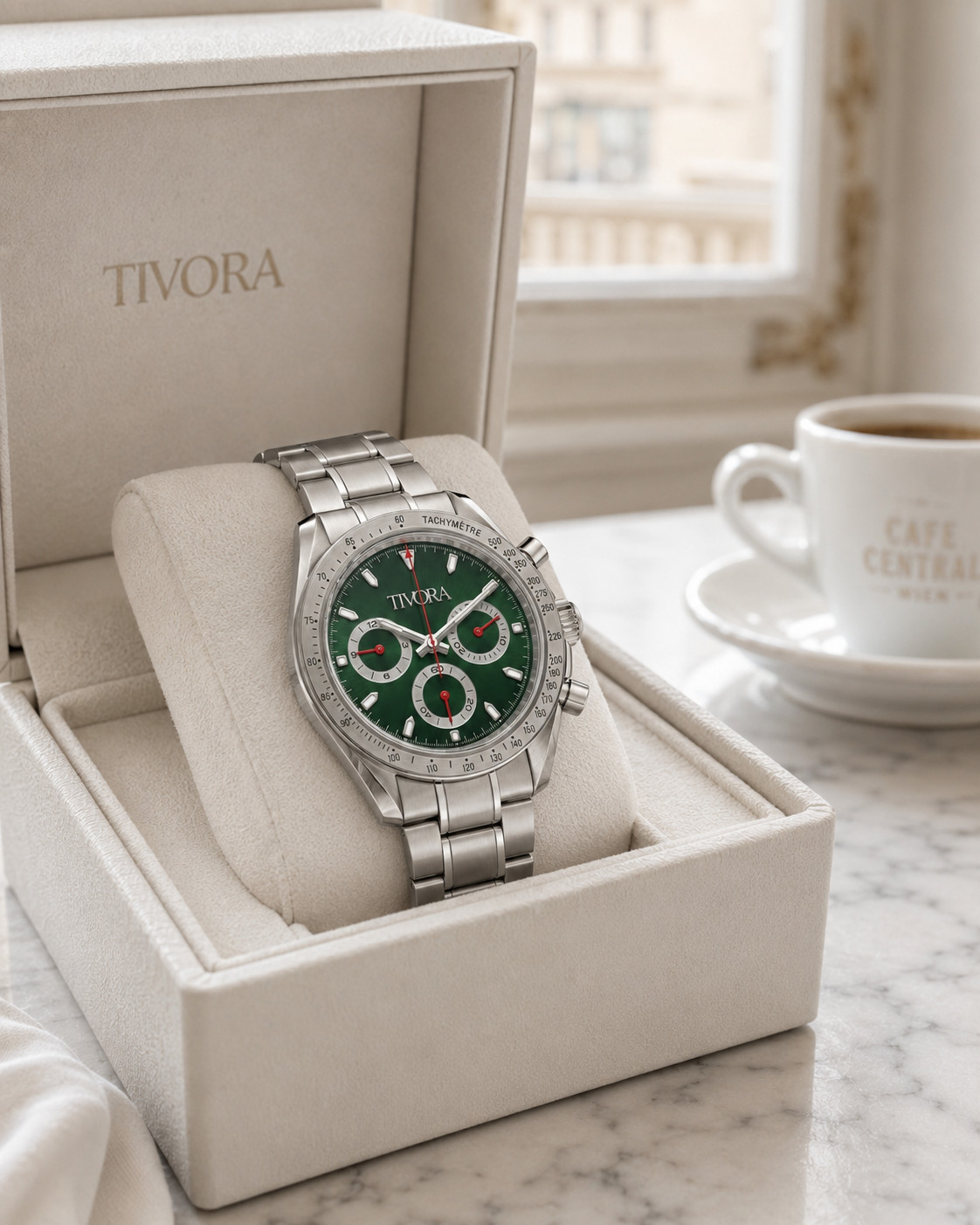 TÍVORÁ Veyron Argent Steel Race Emerald Dial – Custom Branded Automatic Chronogr