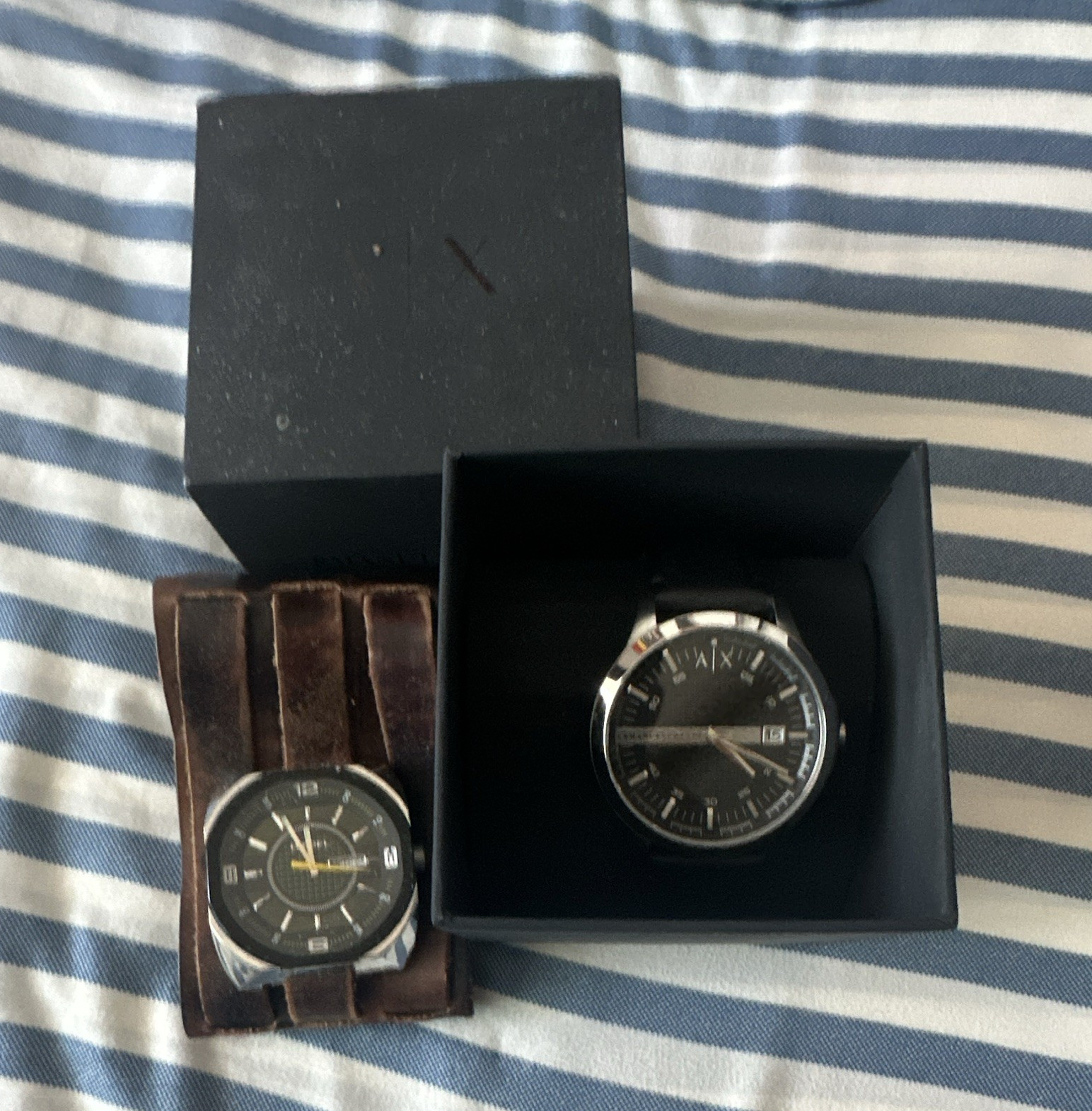 Armani Exchange Men’s Quartz Analog Watch Black Dial Date Leather Strap Box