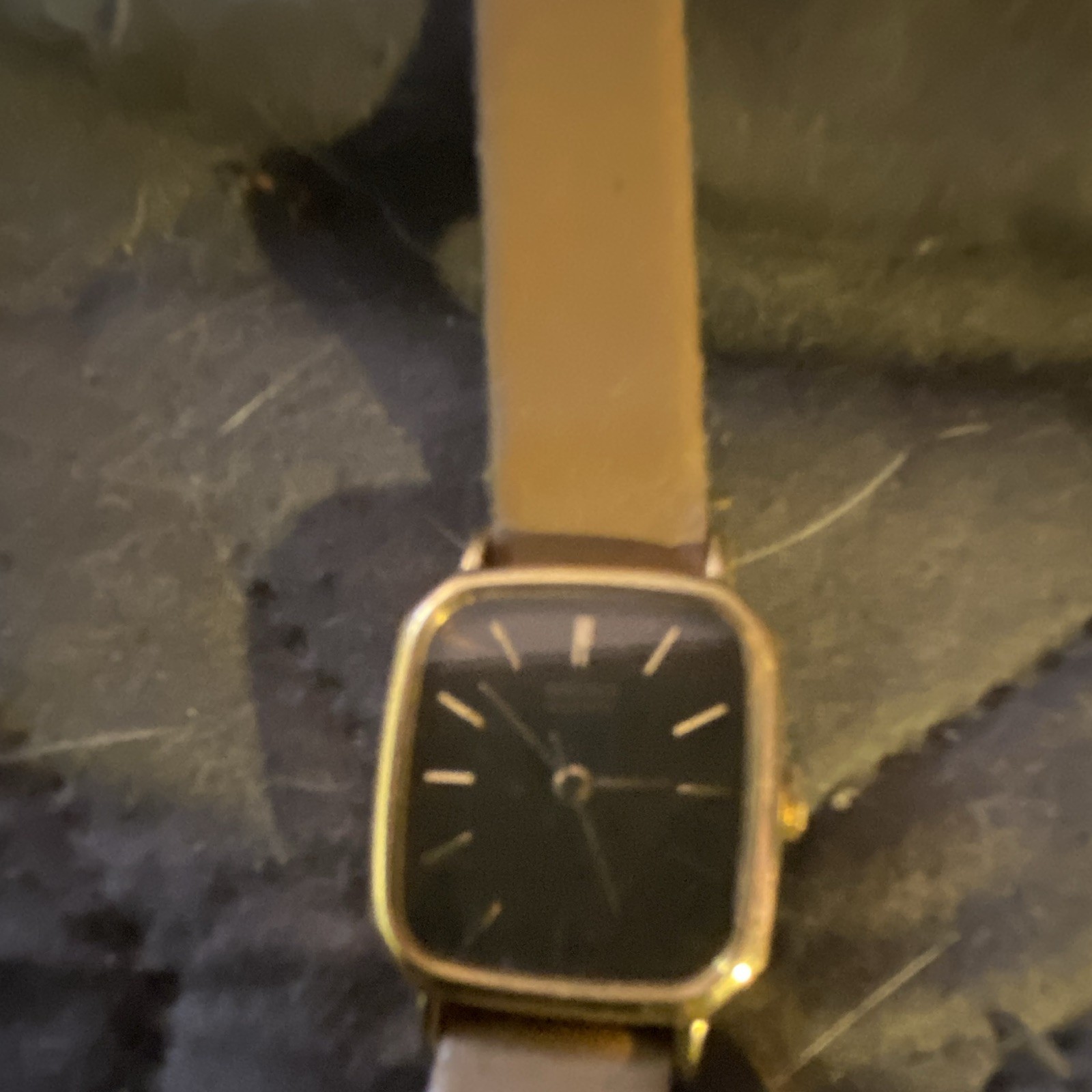 Geneva Platinum Quartz Analog Square Watch Black Dial Gold Case Beige Leather