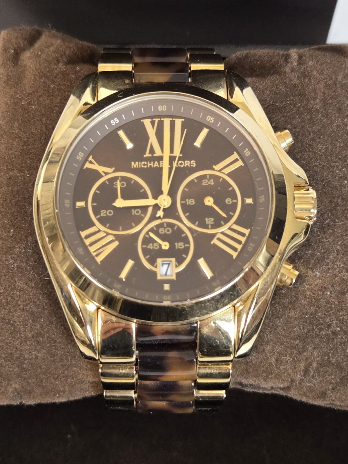 MICHAEL KORS MK 5696 BRADSHAW GOLD TONE+TORTOISE+BROWN CHRONO,ROMAN #’s WATCH
