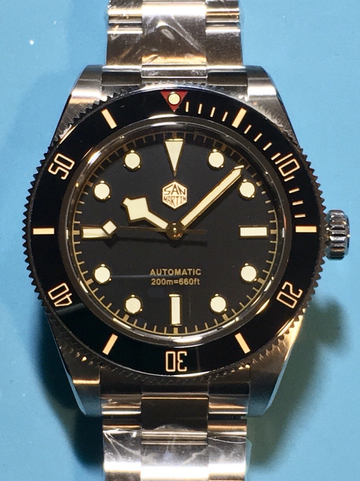 SAN MARTIN 40MM BB58 BLACK GILT DIAL NH35 AUTO SAPPHIRE VINTAGE LUXURY V2 NEW!