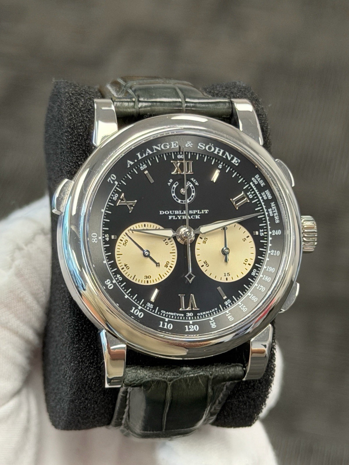 A Lange Sohn 404.035 Double Split Platinum Watch Only Green Strap