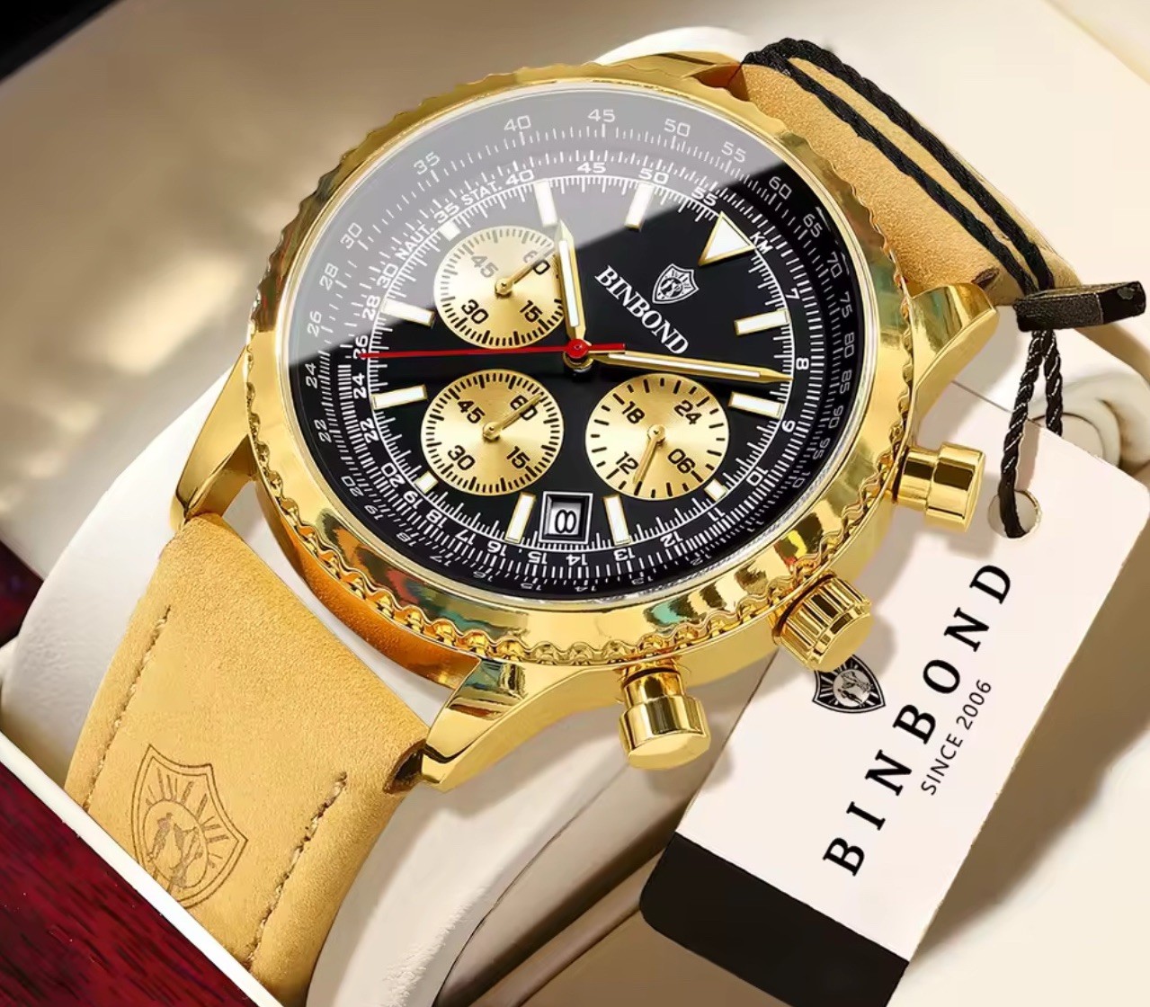 BINBOND Men’s Quartz Chronograph Watch Black Dial Date Tan Leather 46mm IP67