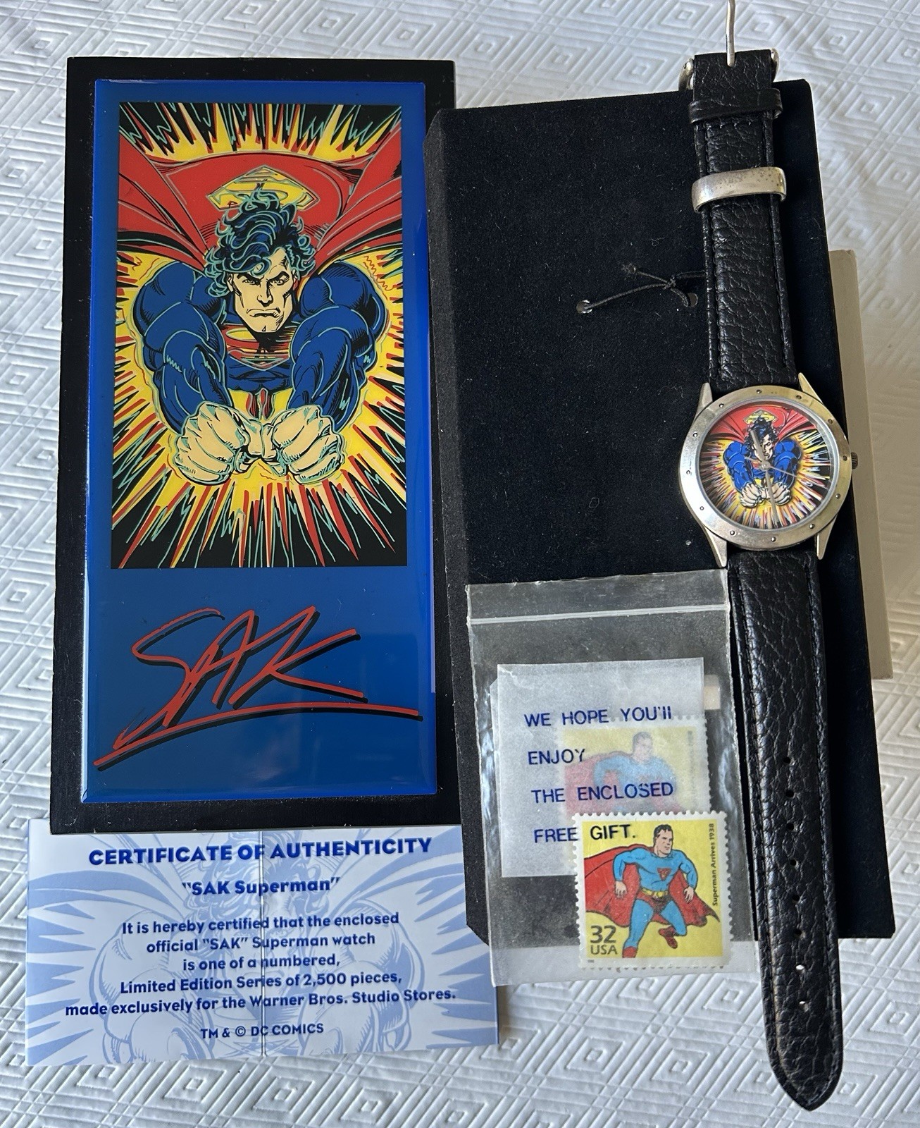 1996 SAK Superman Watch, New Battery, Warner Bros, CIB w/RARE WB Gift Stamps