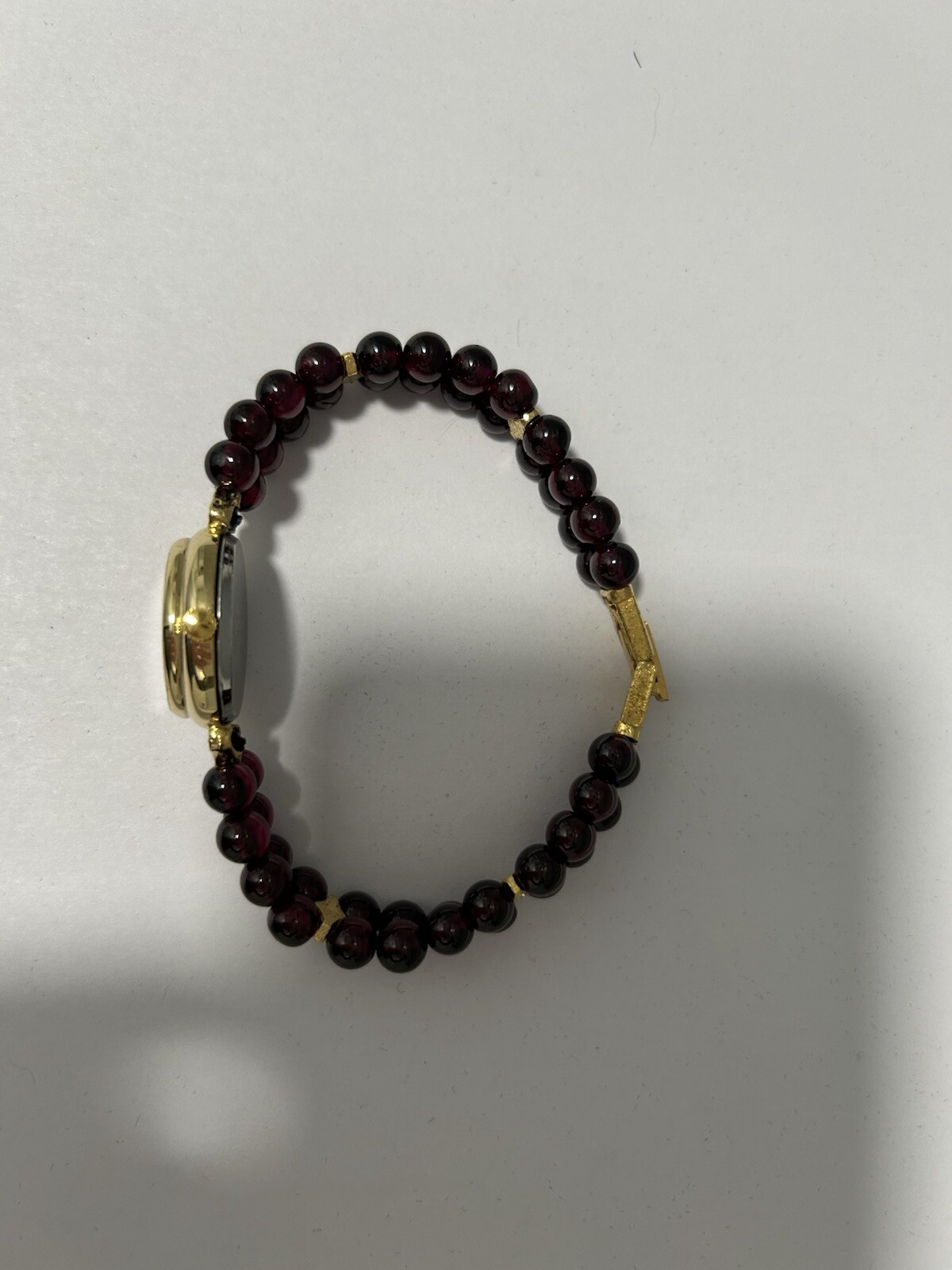 Women’s Vintage Lucoral Garnet Cabochon Diamond Quartz Bracelet Watch Gold