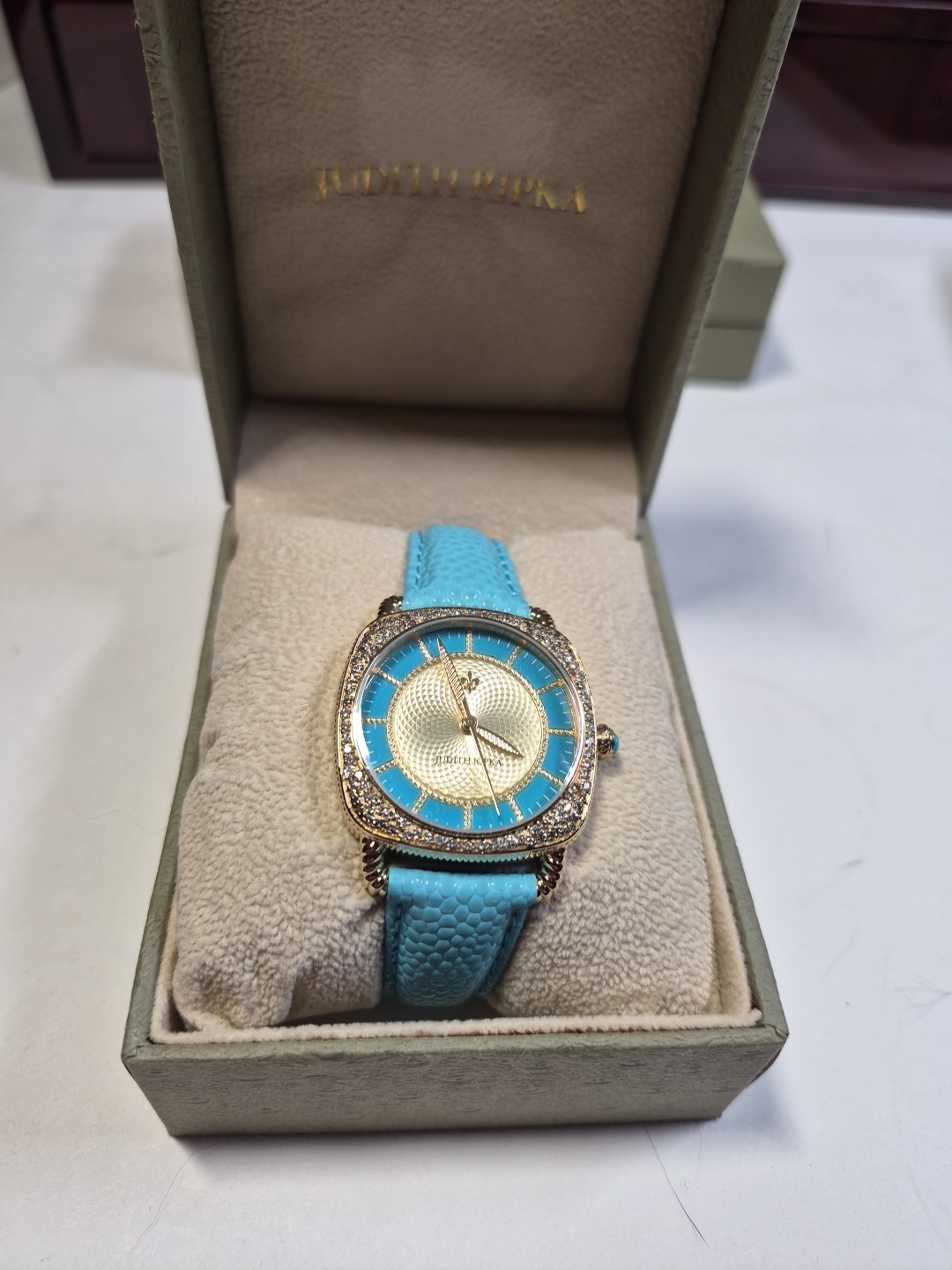 JUDITH RIPKA CRYSTAL WATCH WITH SLEEPING BEAUTY TURQUOISE LEATHER BAND NEW 6-6.5