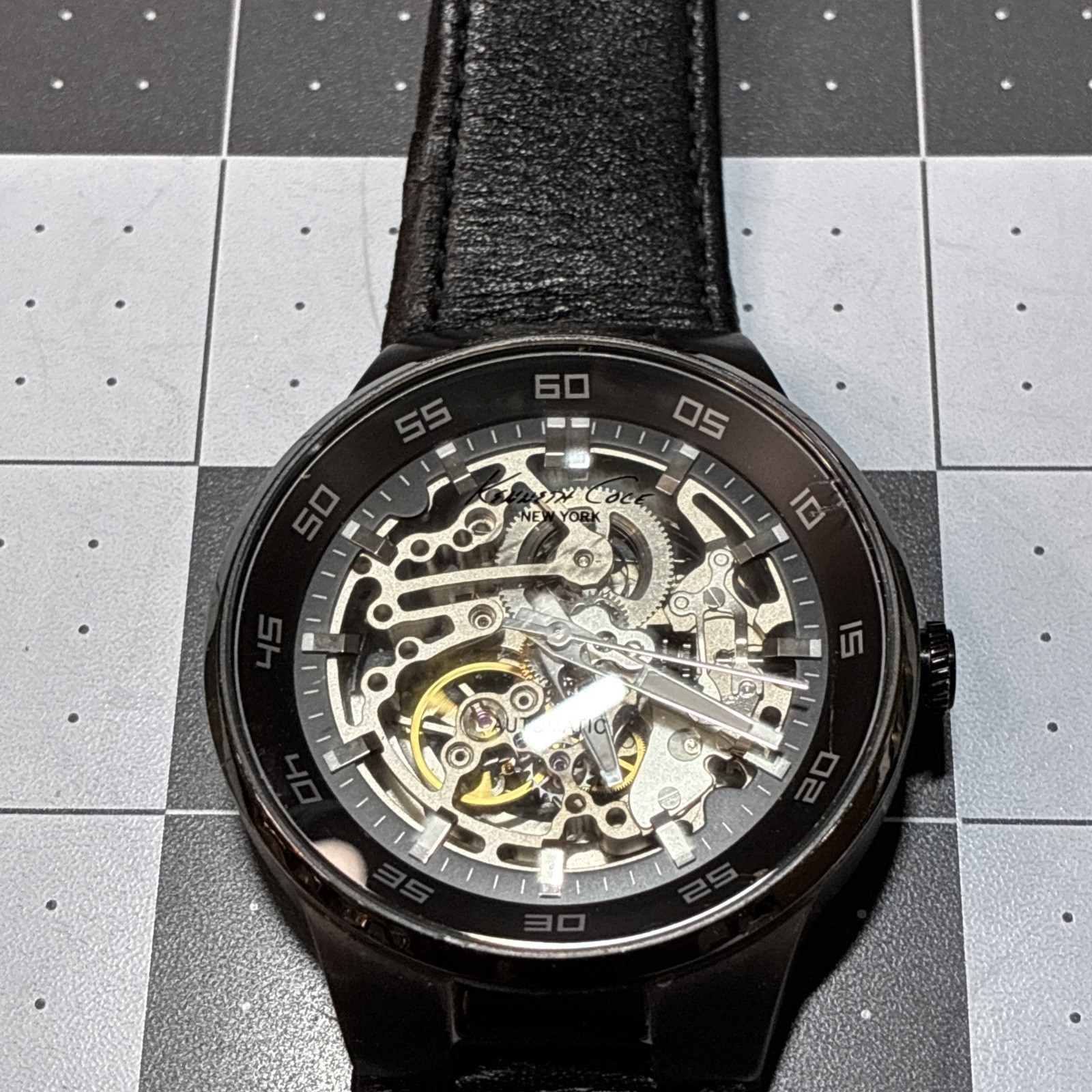 Kenneth Cole KC8048 Automatic Skeleton Men’s Watch Black Leather NIB