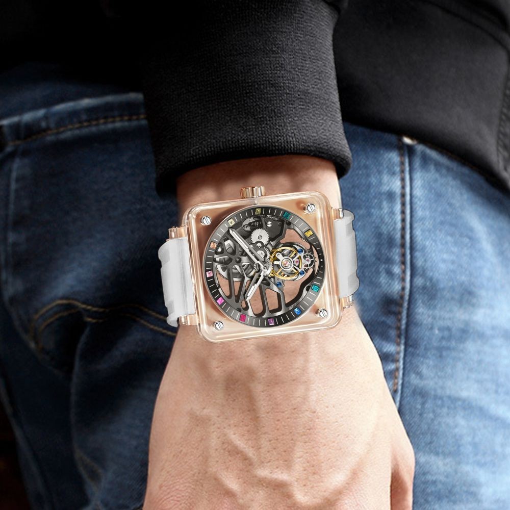 Aesop Sapphire Crystal Case Tourbillon Mechanical Man Watch Luxury Hollow 7058A