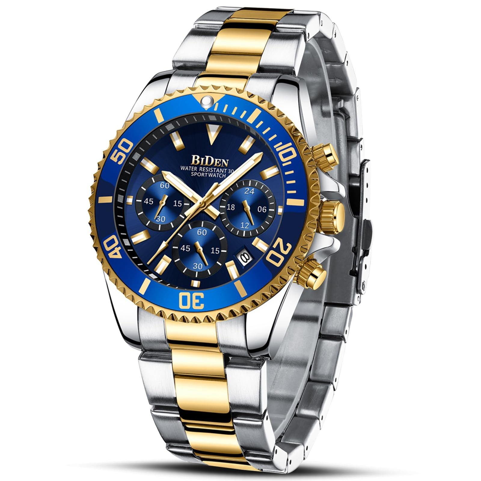 BIDEN Mens Watches Chronograph Gold Blue Stainless Steel Waterproof Date Anal…