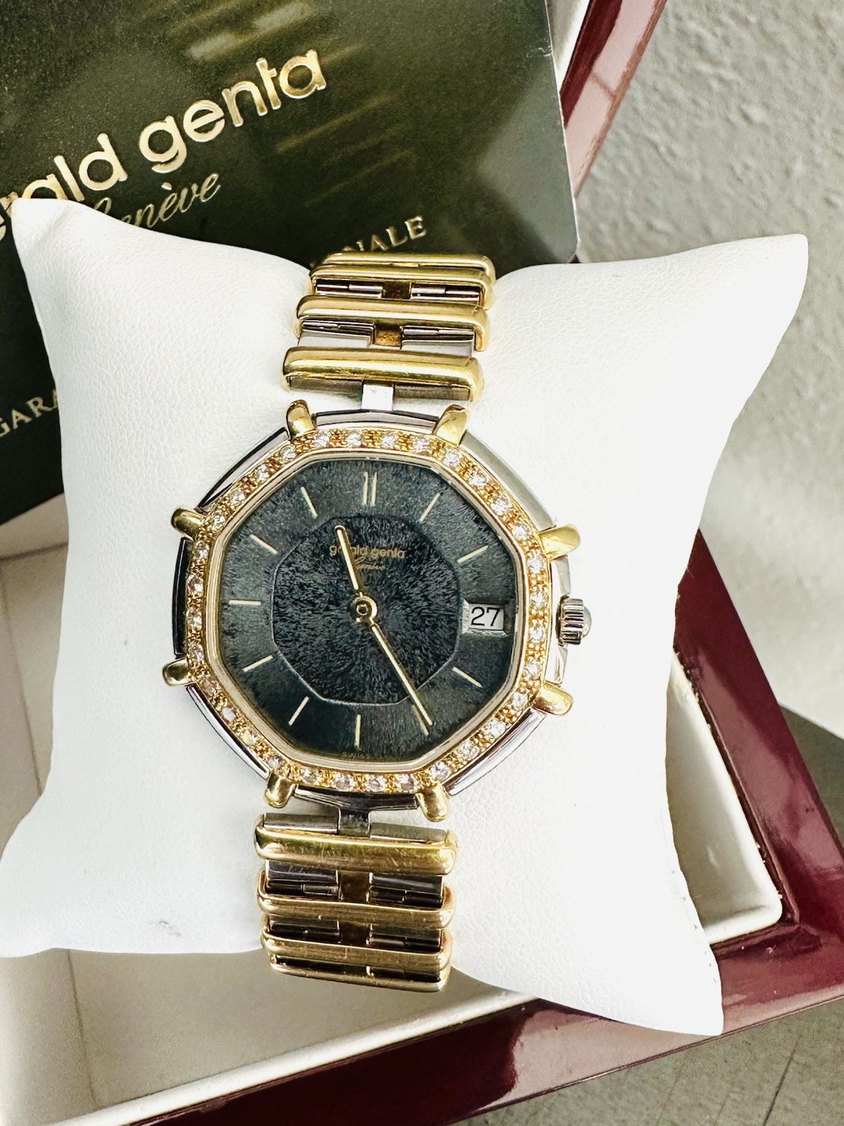 Men’s Gerald Genta Success 18K/SS Watch Factory Diamond Bezel Black Unique Dial