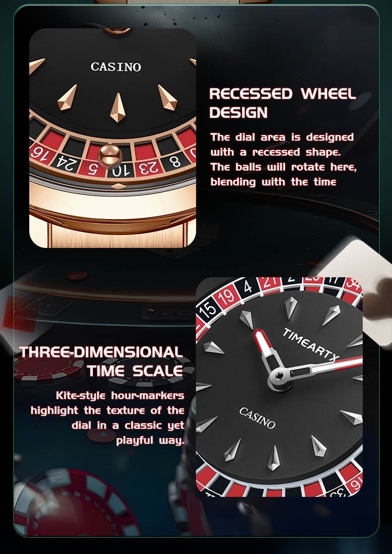 Casino Roulette Watch with Roulette Wheel That Spins. Rose Gold with Brown Strap