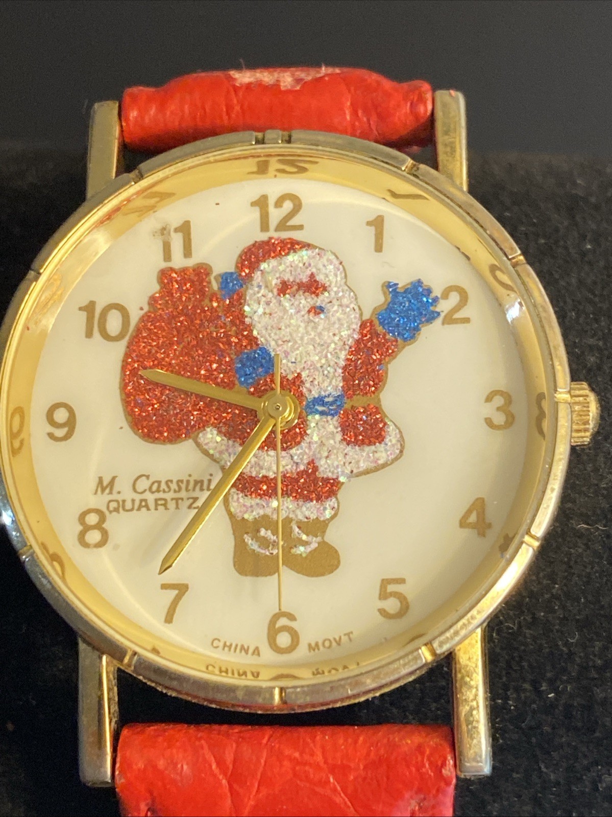 Santa Clause Christmas Watch Quartz Gold Tone Red Leather Band New Battery