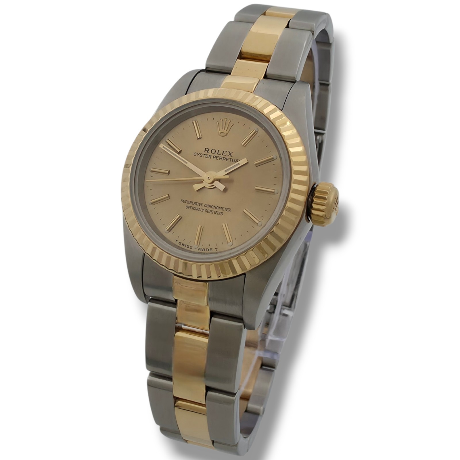 Rolex Oyster Perpetual 26mm 67193 Steel & 18k Gold Champagne Dial Box Papers