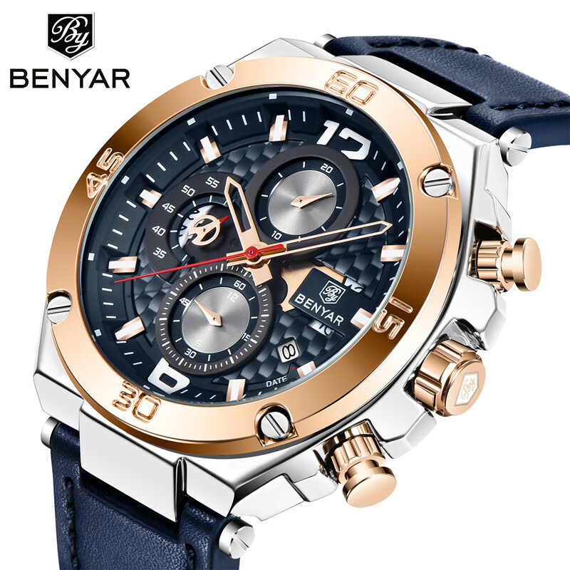 BENYAR Luxury Men Military Japan Quartz Wrist Watch Leather 30m Waterproof Sport