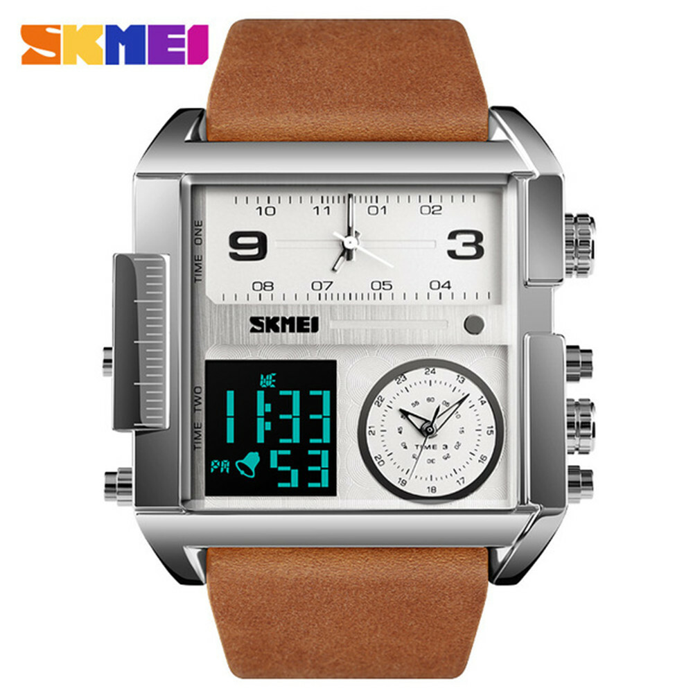SKMEI Men Watch Large Dial Digital LED Qaurtz Sport Stopwatch Leather Wristwatch