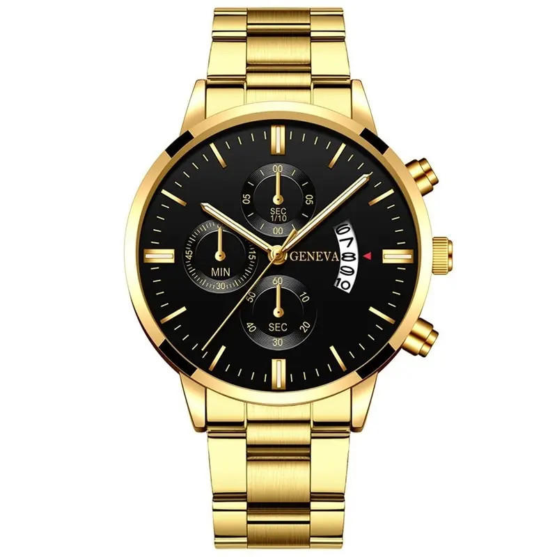 2023 Fashion Men Gold Stainless Steel Watch Luxury Calendar Quartz Wrist Watch M