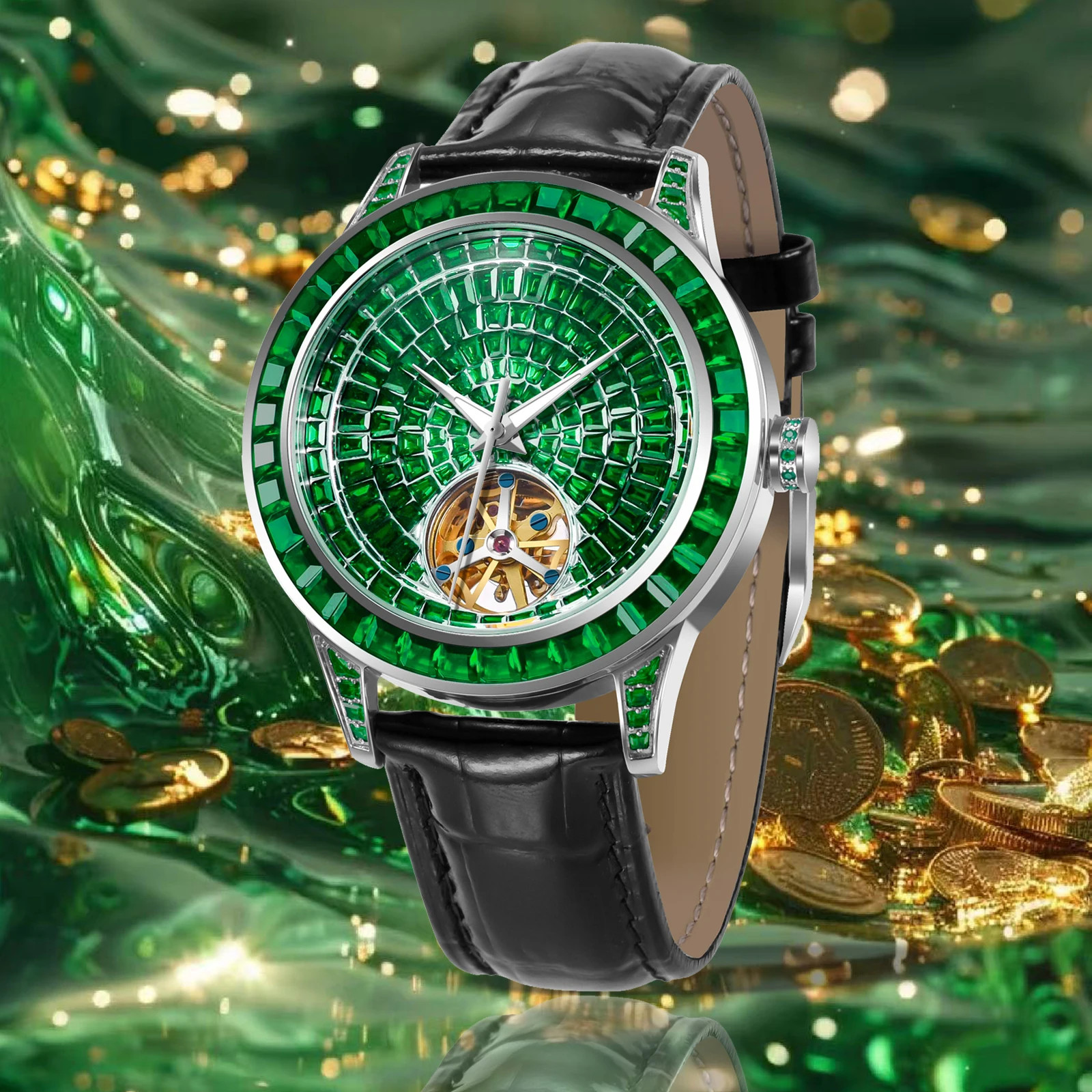 PINDU 5037 Men’s Hand-Encrusted Diamond Automatic Tourbillon Watch Waterproof