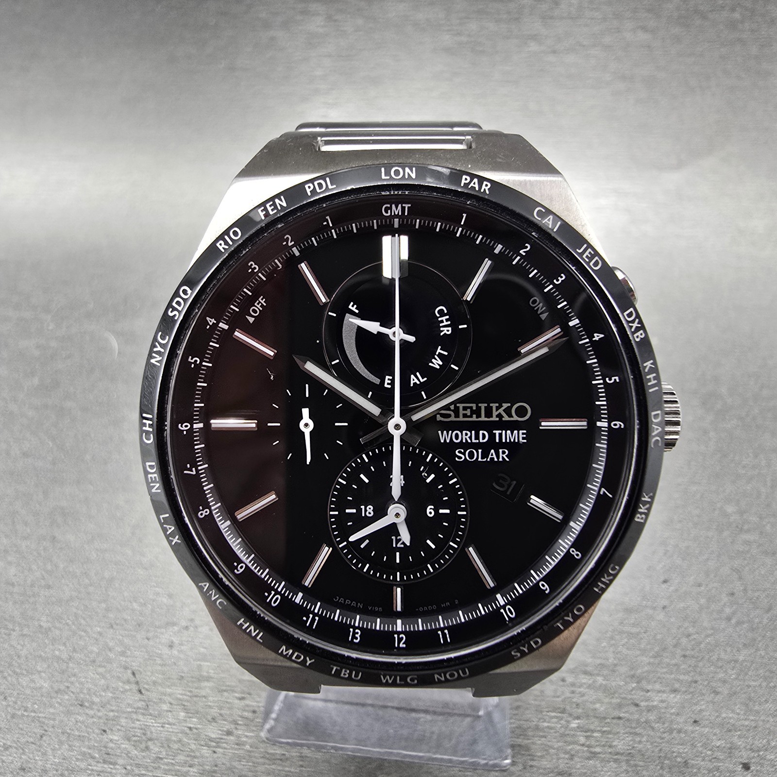 Seiko World Time Solar Watch Men 41mm Black Dial Steel Alarm Chrono Date Runs