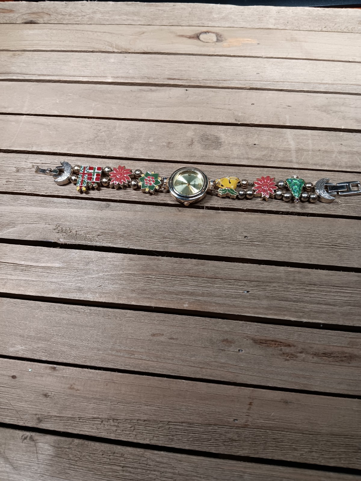 Christmas Watch Rumours Quartz Enameled Bracelet Poinsettias Presents Bells Tree