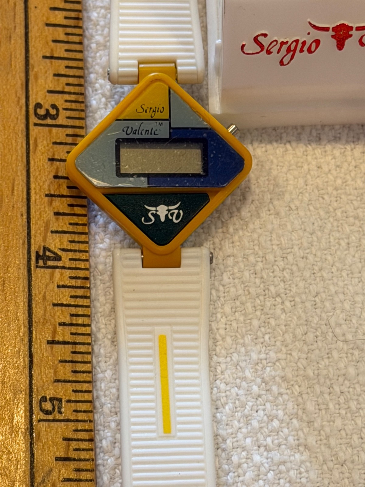 Vtg Novelty Sergio Valente Watch Space Tech White Yellow Watchband in Case