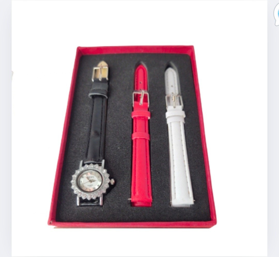 Meigie Watch Gem Encrusted Bezel Black White & Red Interchangeable Bands Working