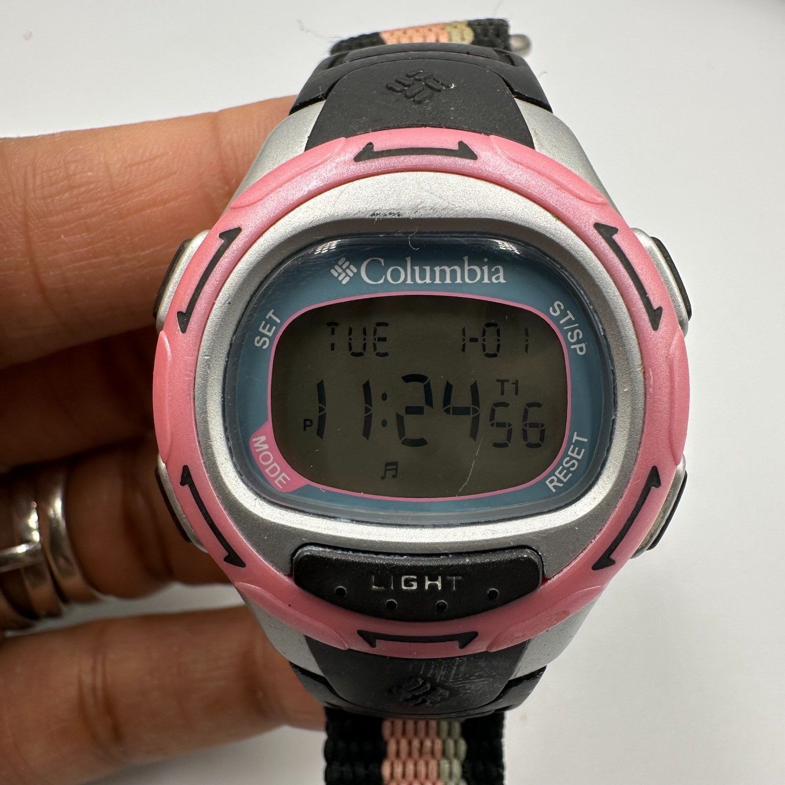 Columbia Digital Watch Pink Black Nylon Strap Band Backlight Dial New Battery