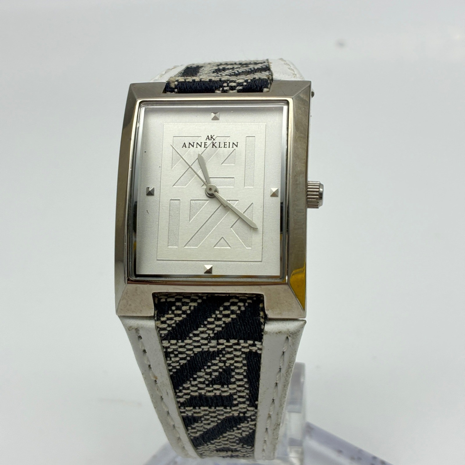 Anne Klein Women Silver Tone Rectangular Watch Monogram Fabric Leather 10/8601