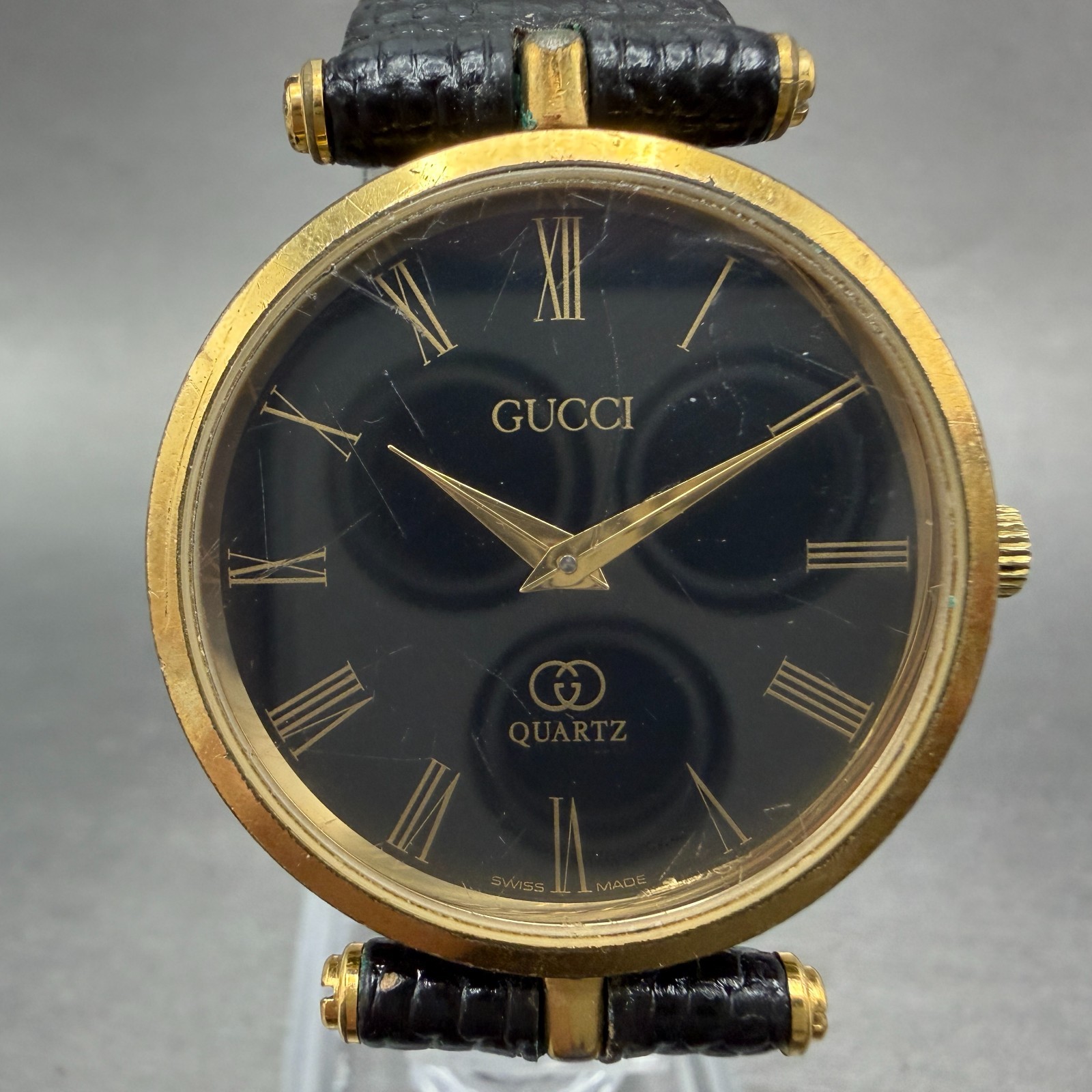 Gucci 2000M Watch Men 30mm Black Dial Gold Plated Leather Round New Battery VTG2