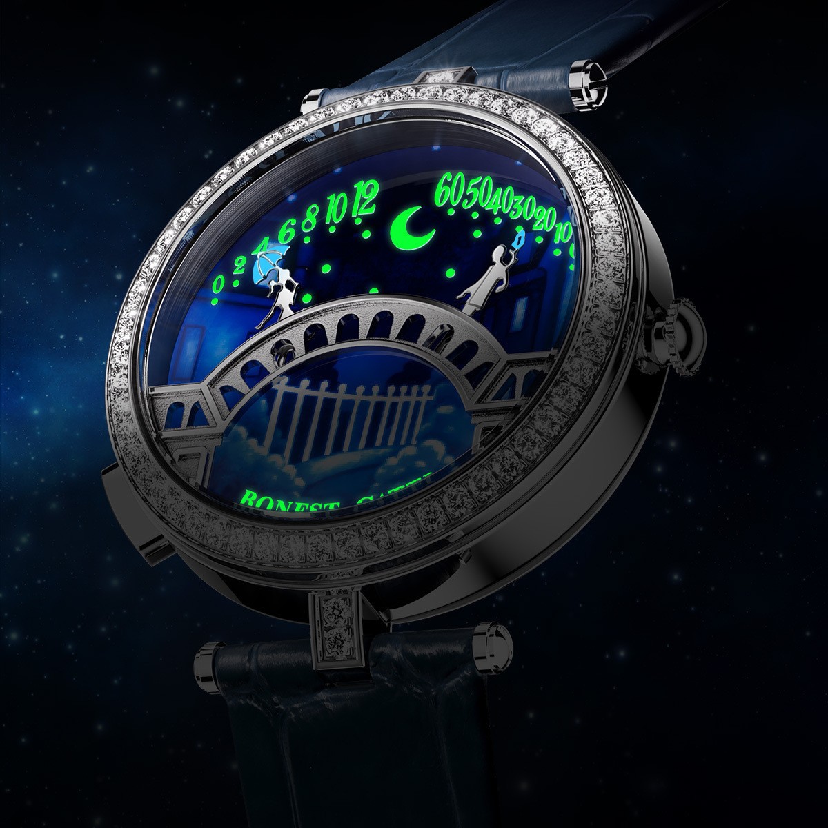BONEST GATTI Women’s Diamond 3D Midnight Romantic Lover’s Bridge Quartz Watch