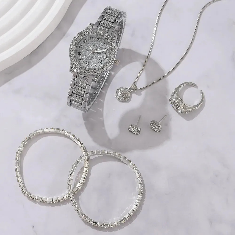 6PCS Women’s Luxury Quartz Watch Set Alloy Rhinestone Bracelet Gift Watches
