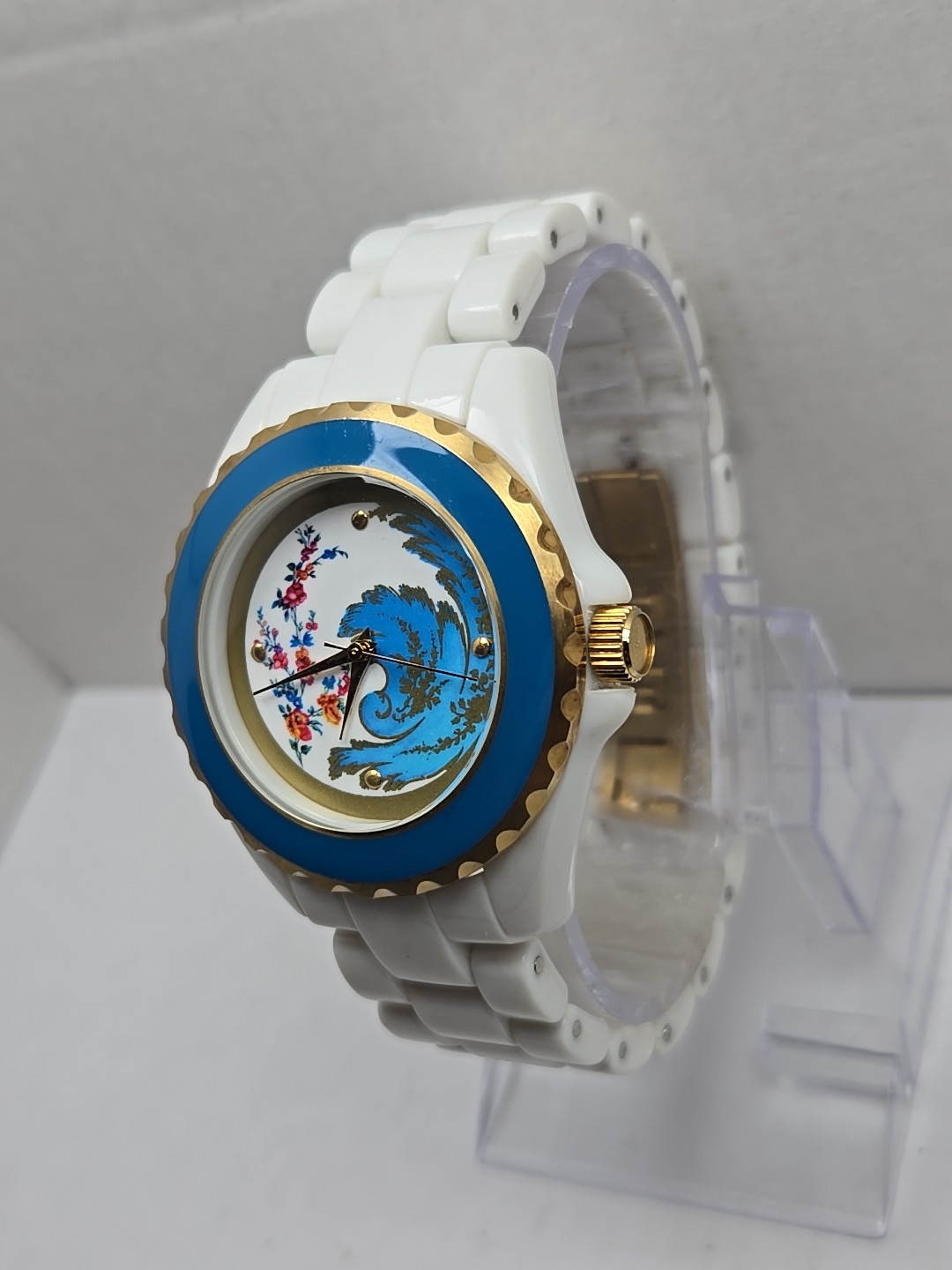 Met Museum Of Art Bleu Celeste Floral White Link Bracelet Watch New Battery