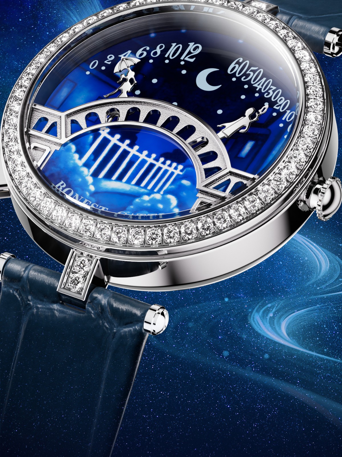 BONEST GATTI Women’s Diamond 3D Midnight Romantic Lover’s Bridge Quartz Watch