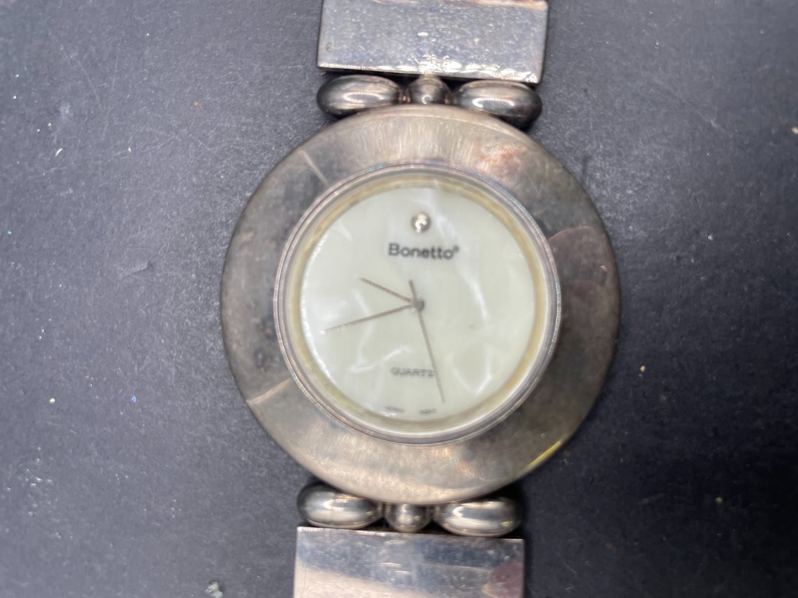 Vintage Bonetto White MOP Dial Silver Tone Statement Band Quartz Watch 47mm