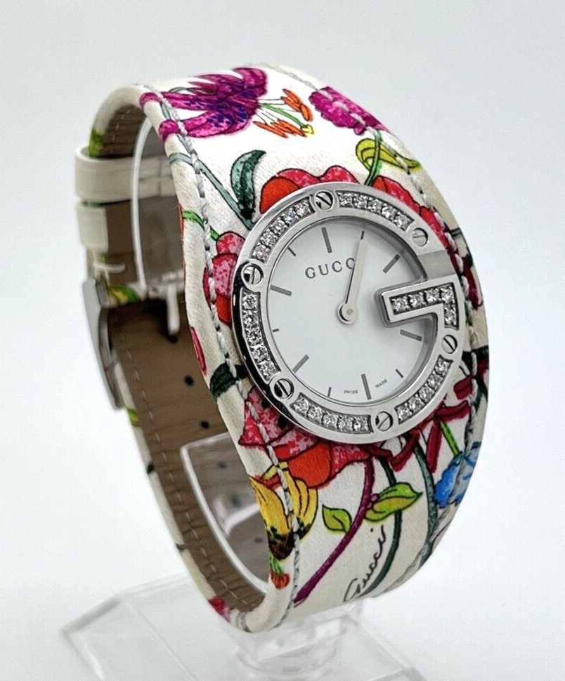 Gucci G Bandeau 104 Quartz Watch Diamond Bezel Floral Fabric Strap Box