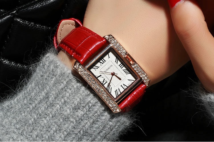 PU Leather Womens Classic Dress Rhinestone Rectangle Analog Quartz Wrist Watches