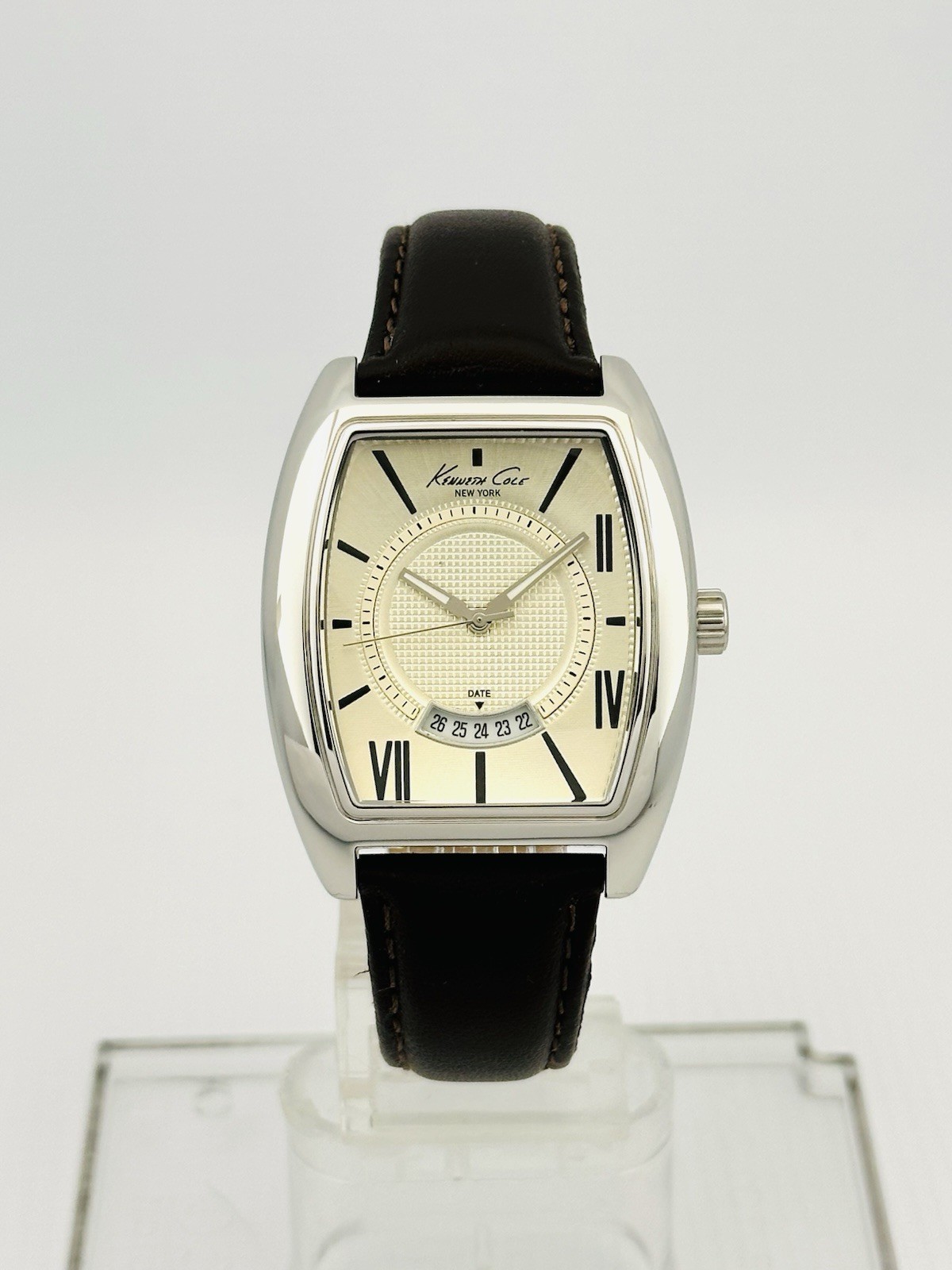 Kenneth Cole KC1544 Tonneau / Barrel Shape Case Brown Leather Strap Watch