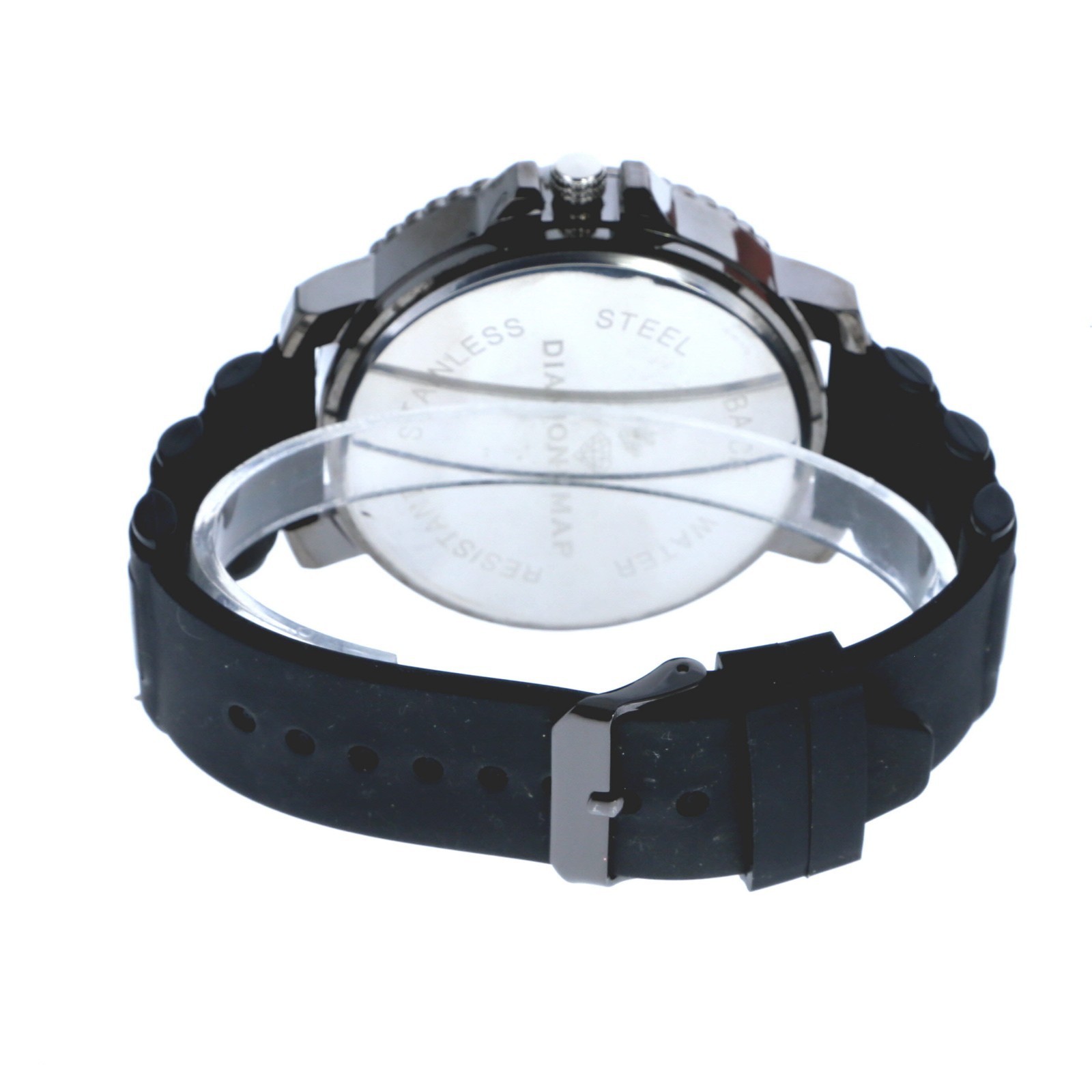 Hip Hop Men’s Ice Crystal Bezel Diamond Dust Dial Black Silicone Band Watch 56mm
