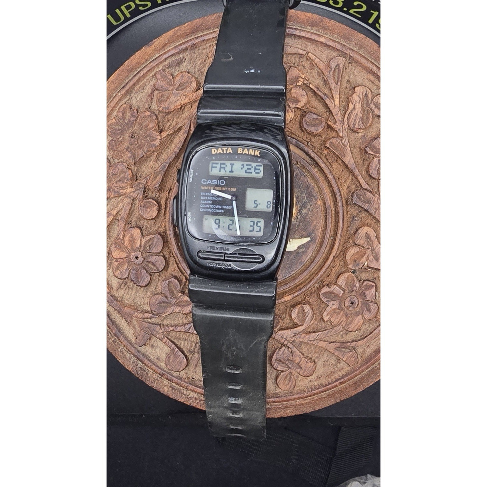 Casio Data Bank Digital Watch Black Resin Band Alarm Chronograph Telememo 50 50M
