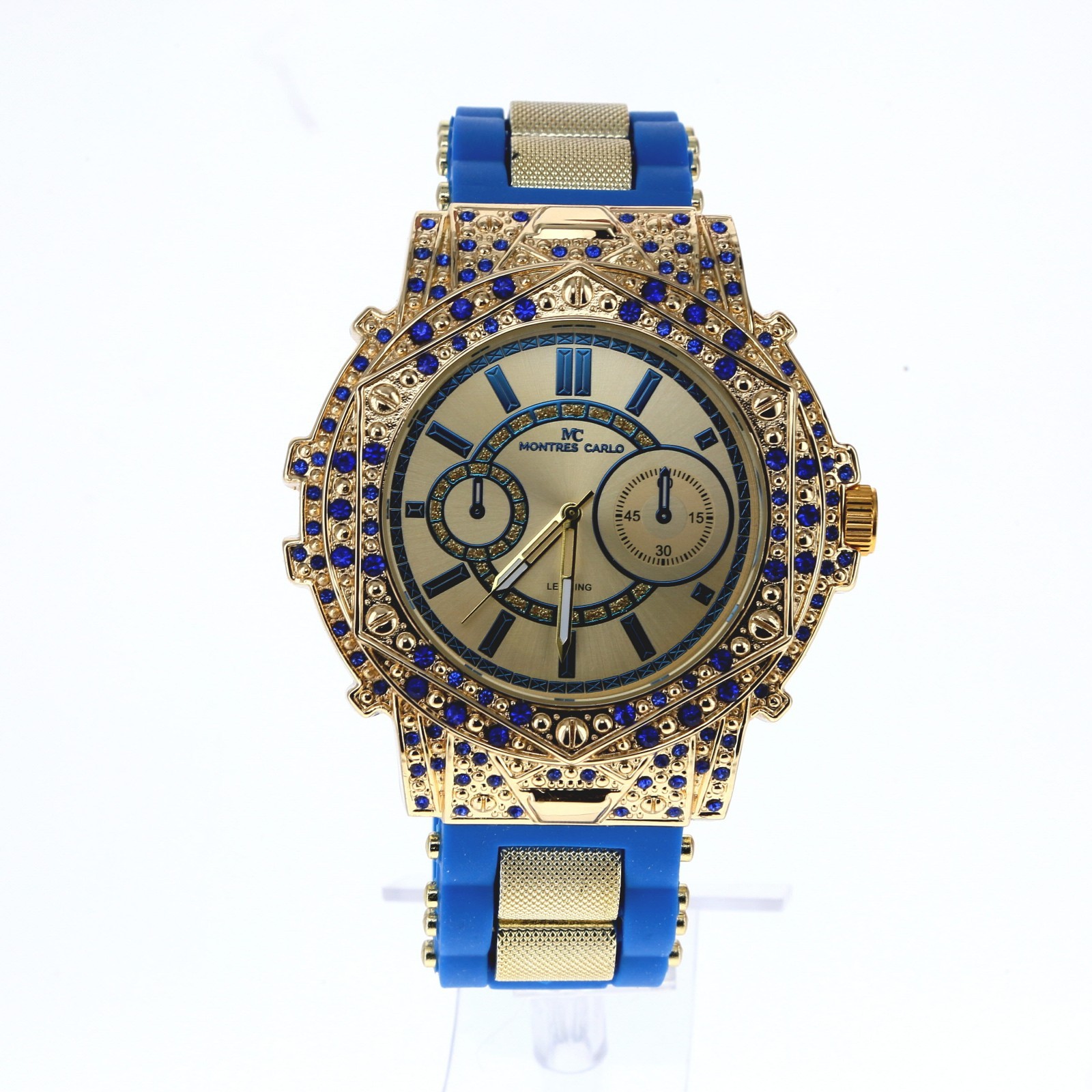 Montres Carlo Men’s Hip Hop rapper Blue Stones Gold Finish Clubbing Luxury Watch