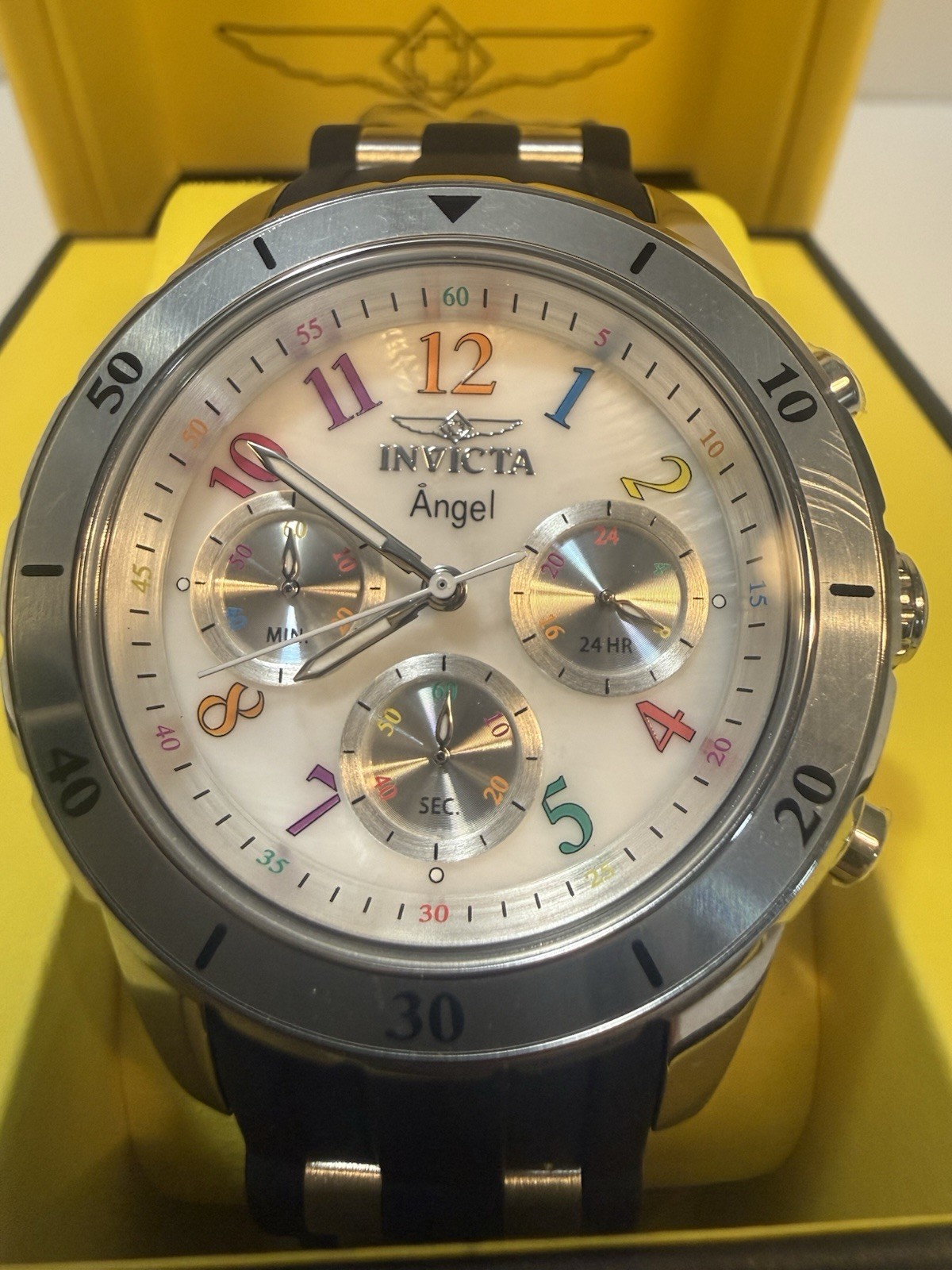 Invicta Angel 49802 Chronograph Black Silicone Steel 40mm Unisex Watch Rainbow