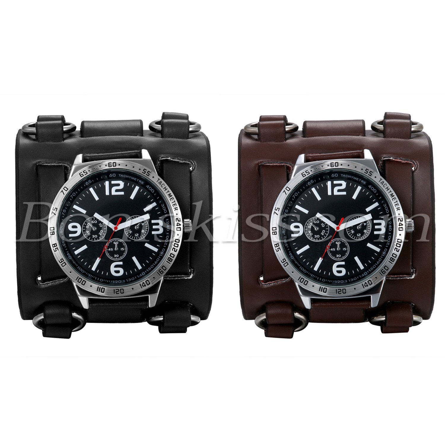 Men’s Wide Leather Strap Buckle Sport Quartz Decoration Wrist Watch Cuff Bangle