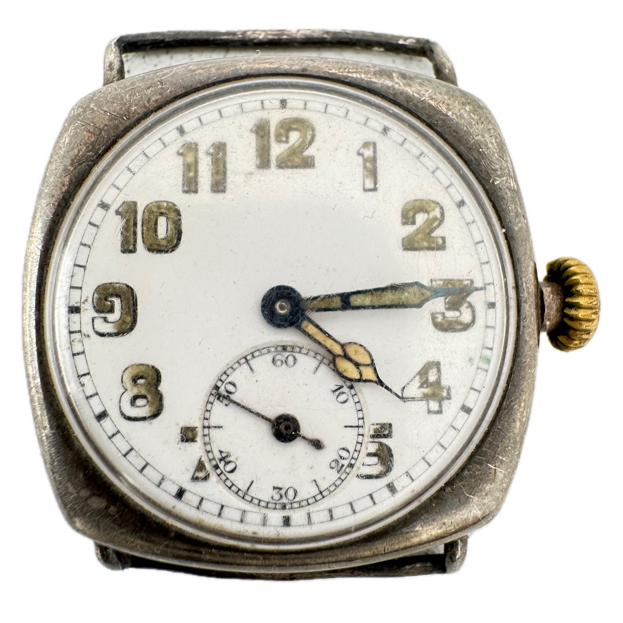 Vintage 33mm Cushion Case Wire Lug Men’s Mechanical Wristwatch .900 Silver