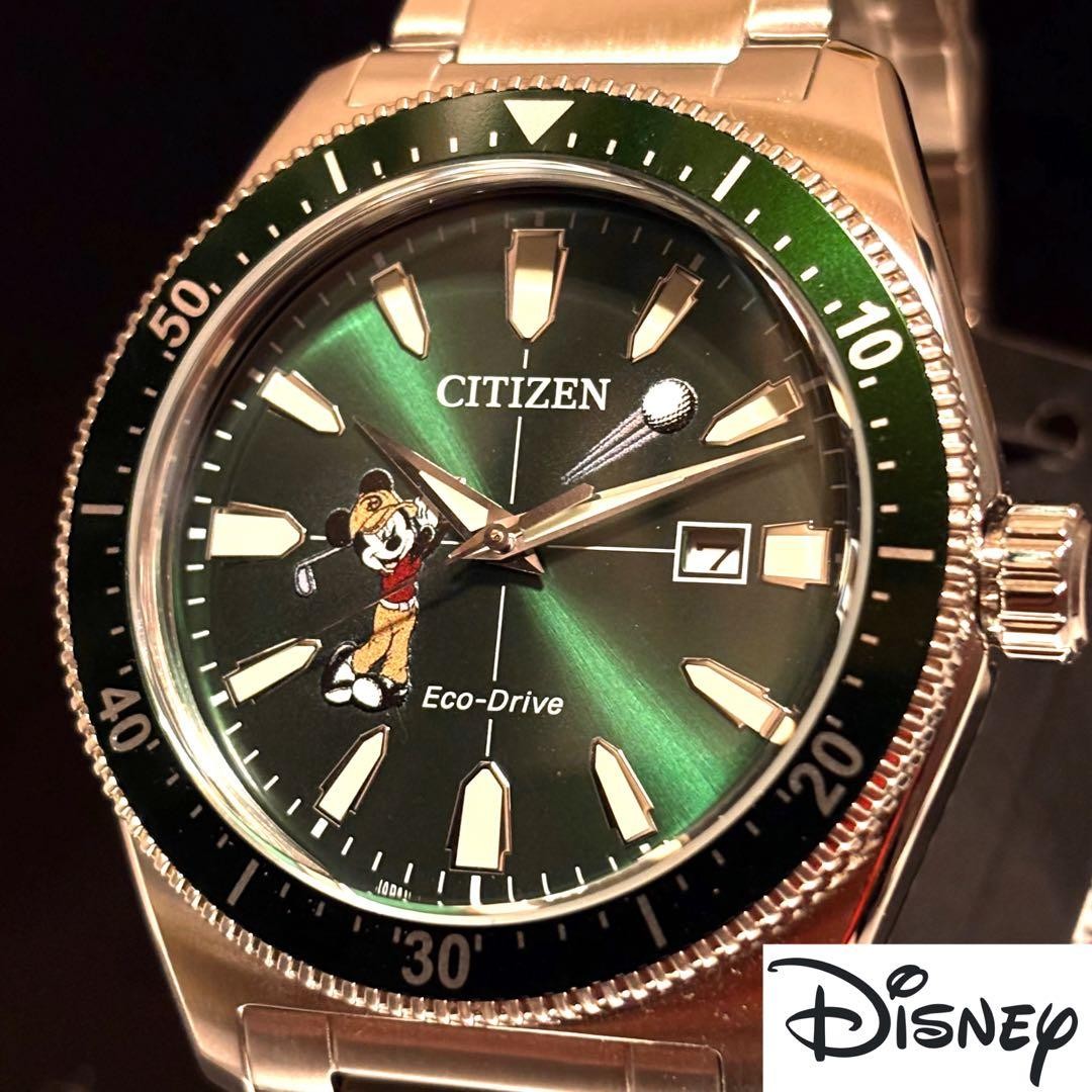 Citizen Eco Drive Mickey Disney Golf Mens Wristwatch Green Dial Silver Band Time