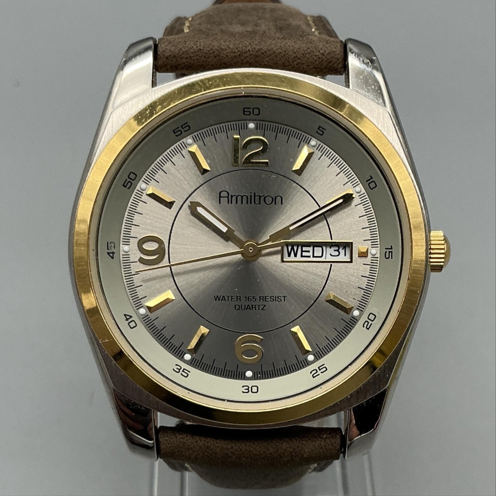 Armitron 20/1925P Mens Watch 37mm Silver Tone Brown Leather Day Date New Battery