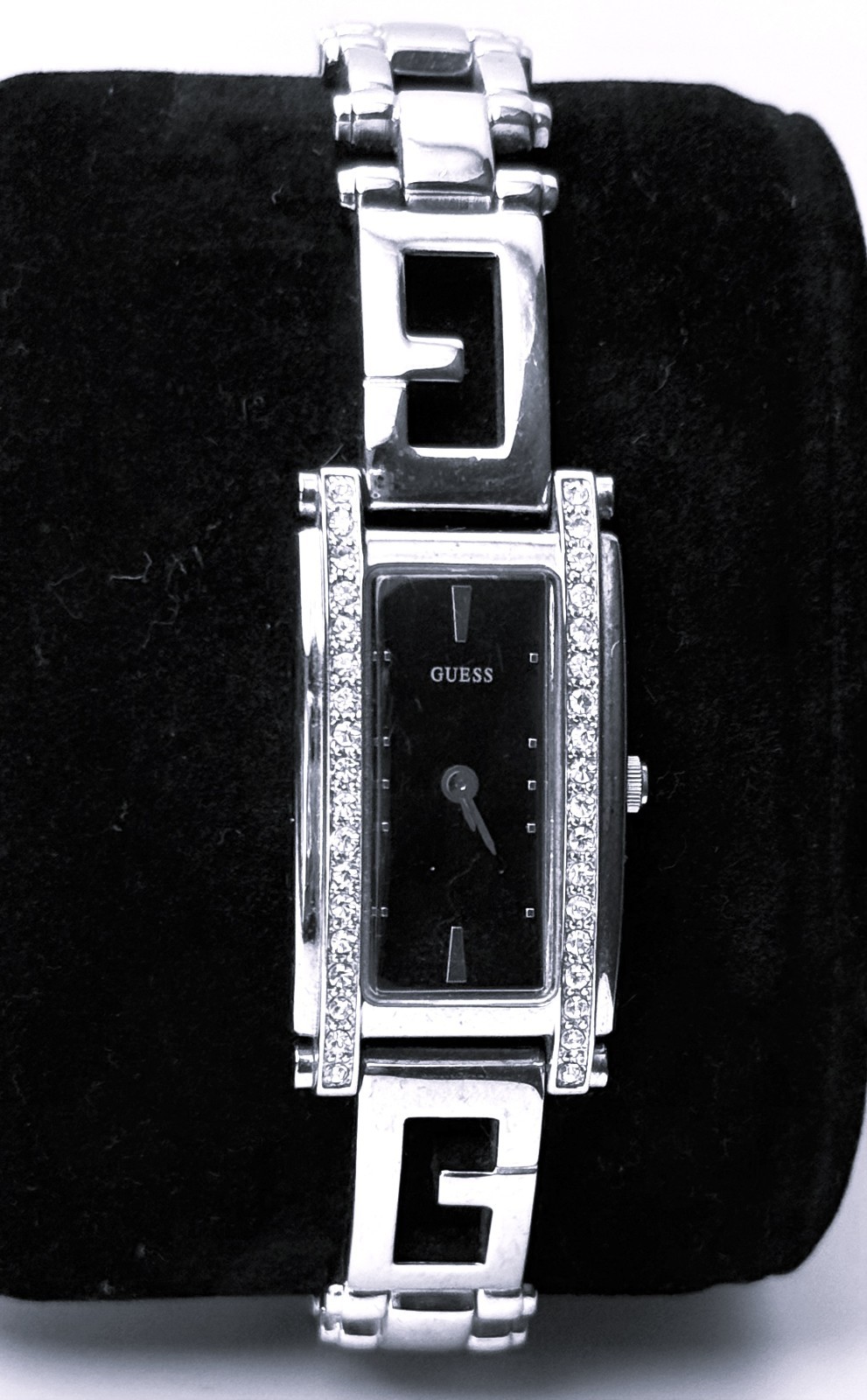 GUESS G75729L BLACK DIAL RHINESTONES SILVER TONE G BRACELET BAND LADIES WATCH