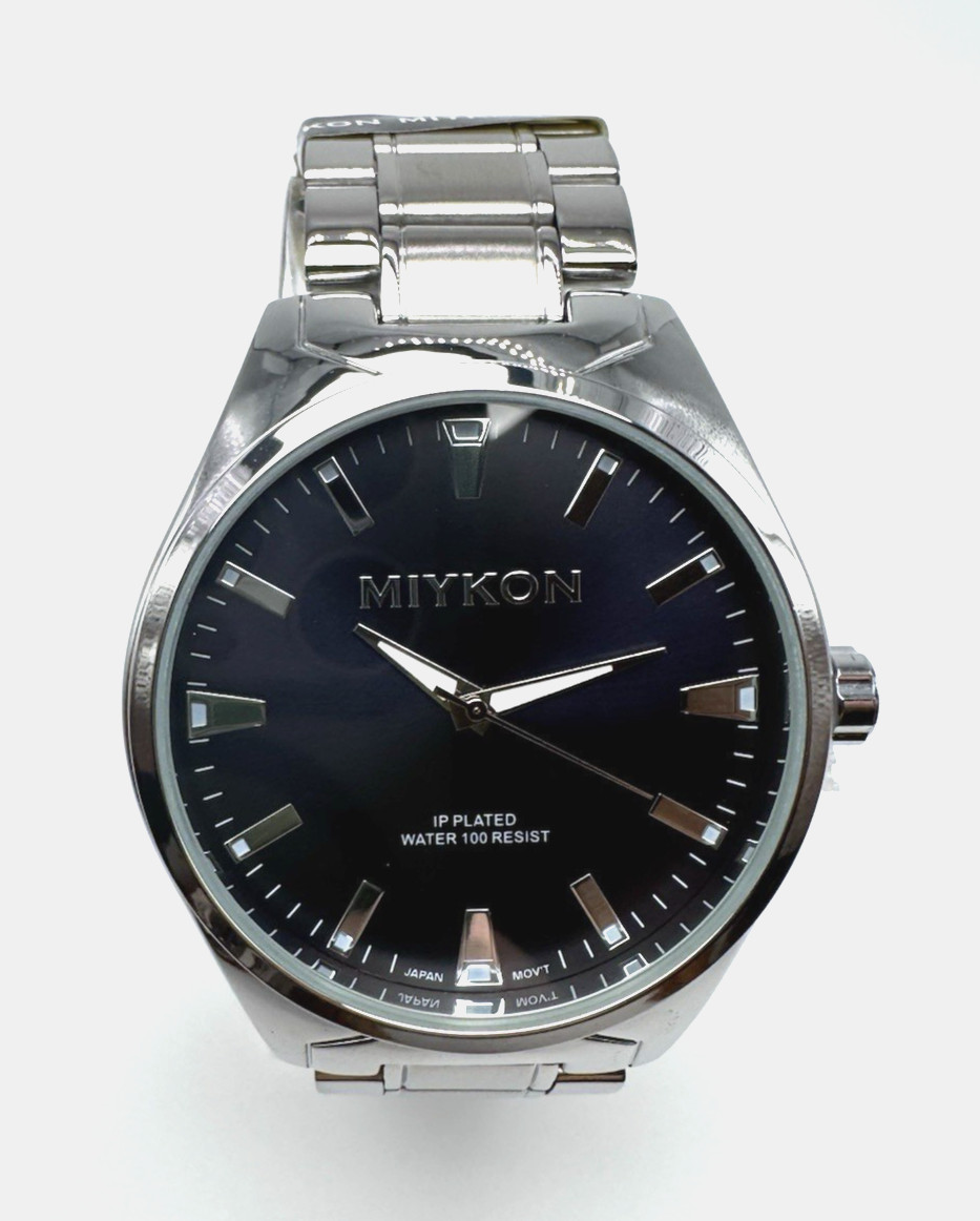 Miykon Mens Silver Tone Watch Navy Blue Dial 45mm IP Plated New